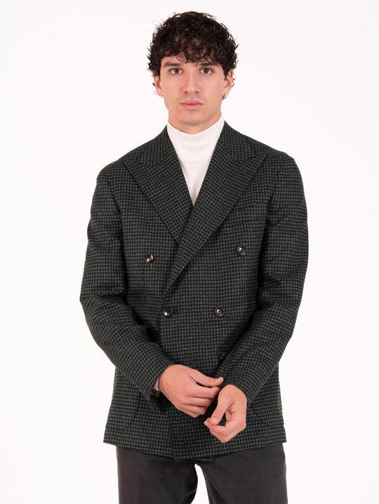 Giacca Sartoriale Doppiopetto Four Stroke in Lana Vergine e Seta Pied de Poule Verde e Nero