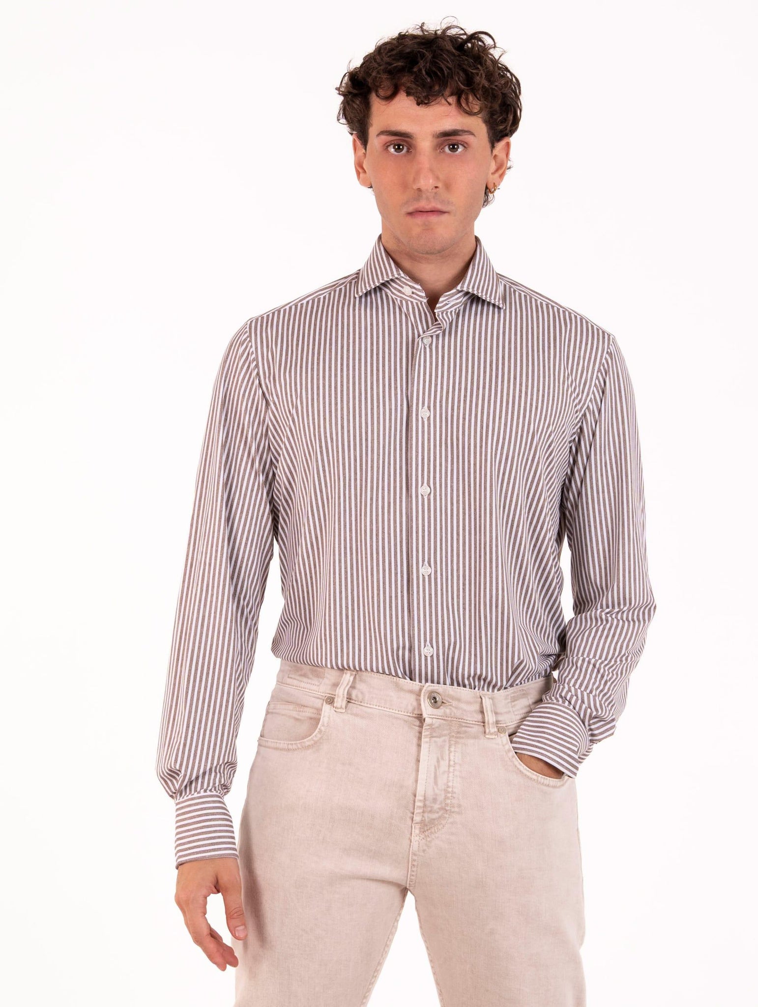 Tecno Camicia Orian Antibatterica Rigata Bianca e Fango T10202RT5215 Orian