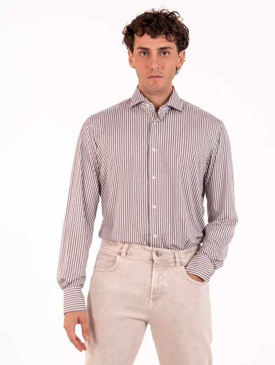 Tecno Camicia Orian Antibatterica Rigata Bianca e Fango