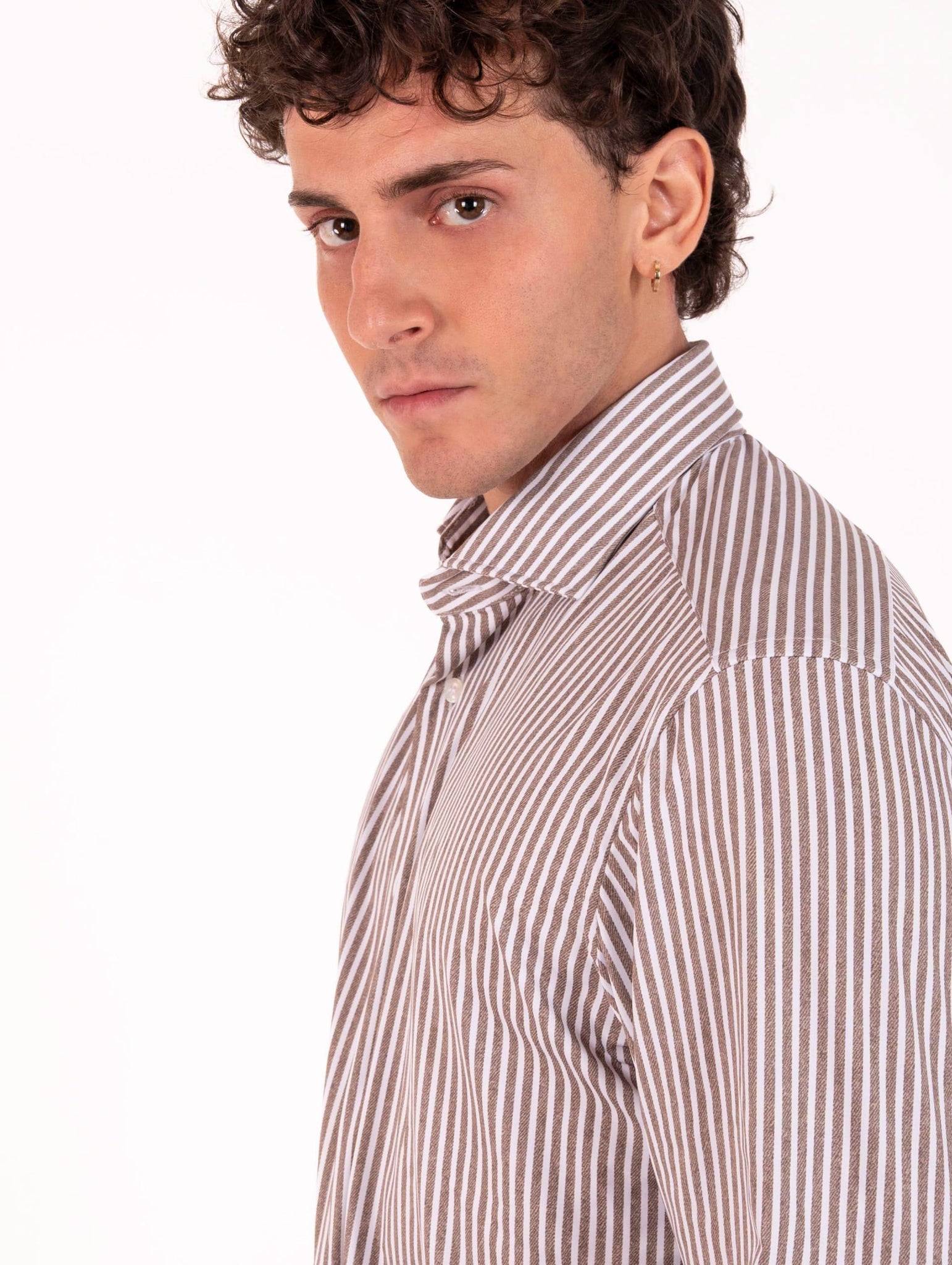 Tecno Camicia Orian Antibatterica Rigata Bianca e Fango T10202RT5215 Orian