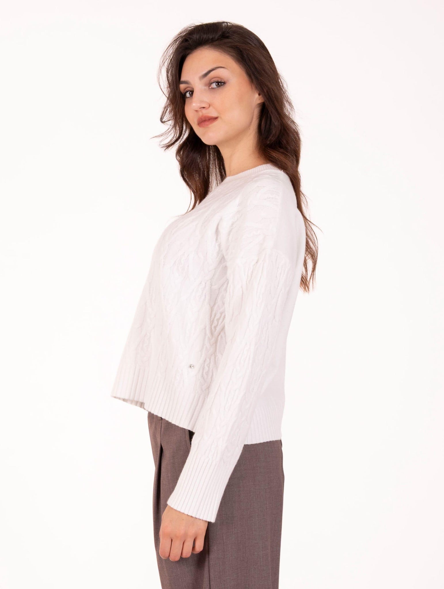 Pull Girocollo White Wise in Misto Viscosa Trecce Bianco WW2012552 White Wise