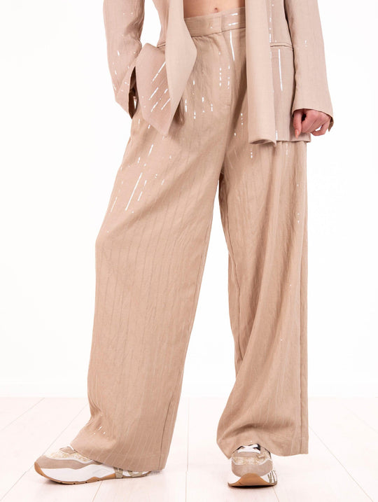 Meimeij Paillettes Pants in Sand Pinstripe Viscose