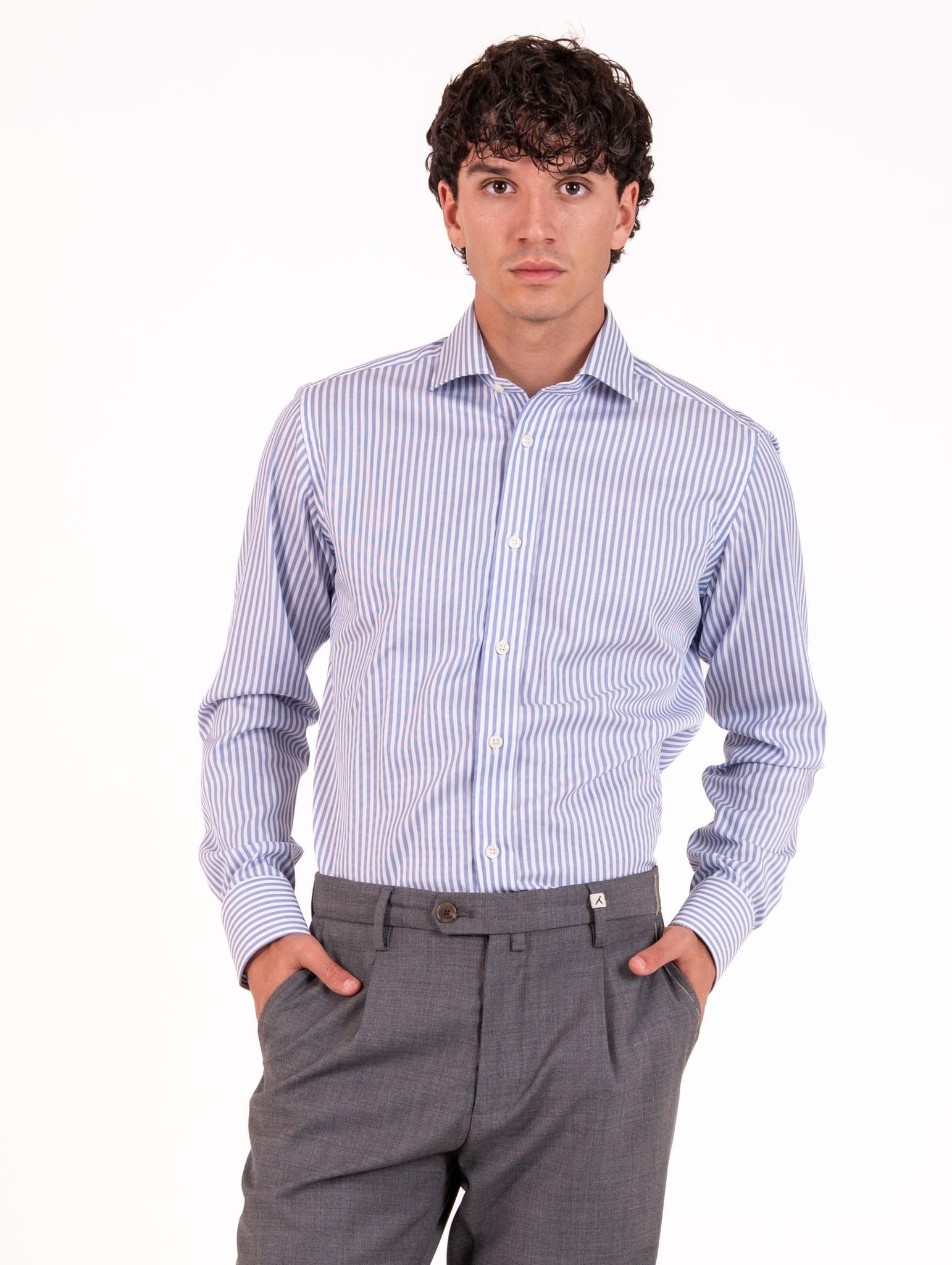 Camicia Caliban in Cotone Fantasia Righe Bianca e Azzurra U8IFWQRC4 Caliban