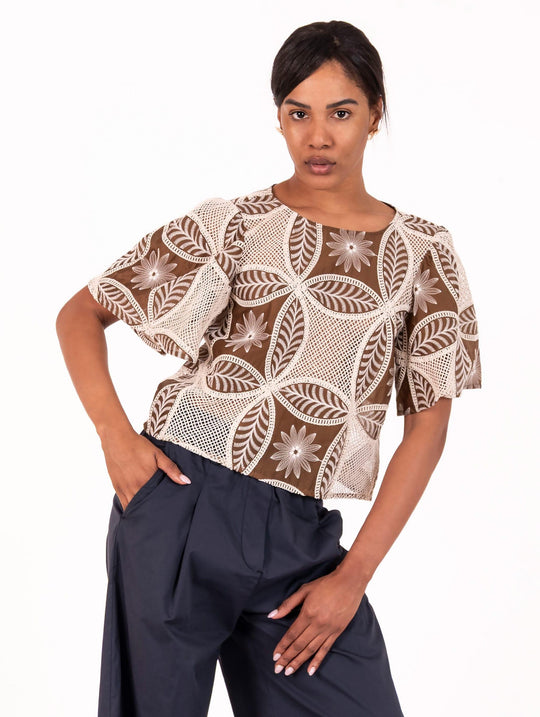 T-shirt Traffic People in Cotone Crochet Panna e Marrone