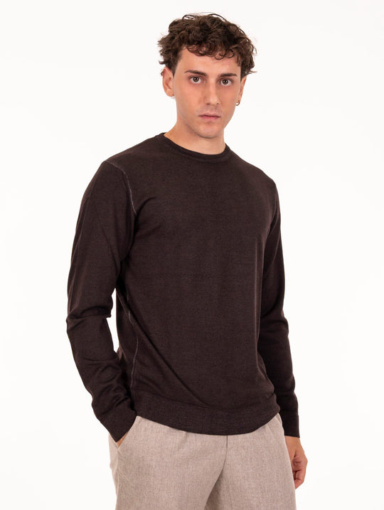 Crew Neck Sweater Four Stroke in Extrafine Merinos Wool Dark Brown