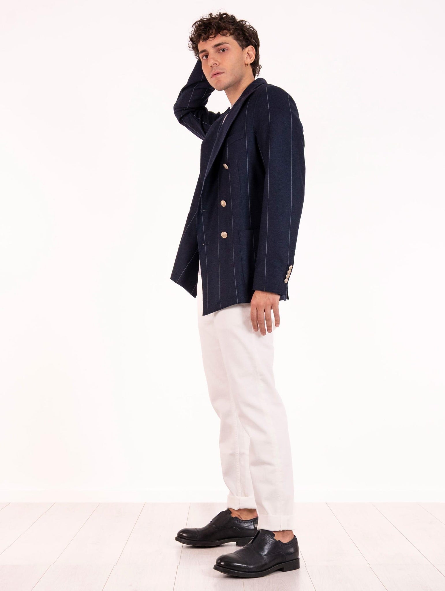 Giacca Doppiopetto Eleventy Milano in Jersey di Lana Gessata Blu e Azzurra L70GIAA02BOTTES0L23311 Eleventy Milano