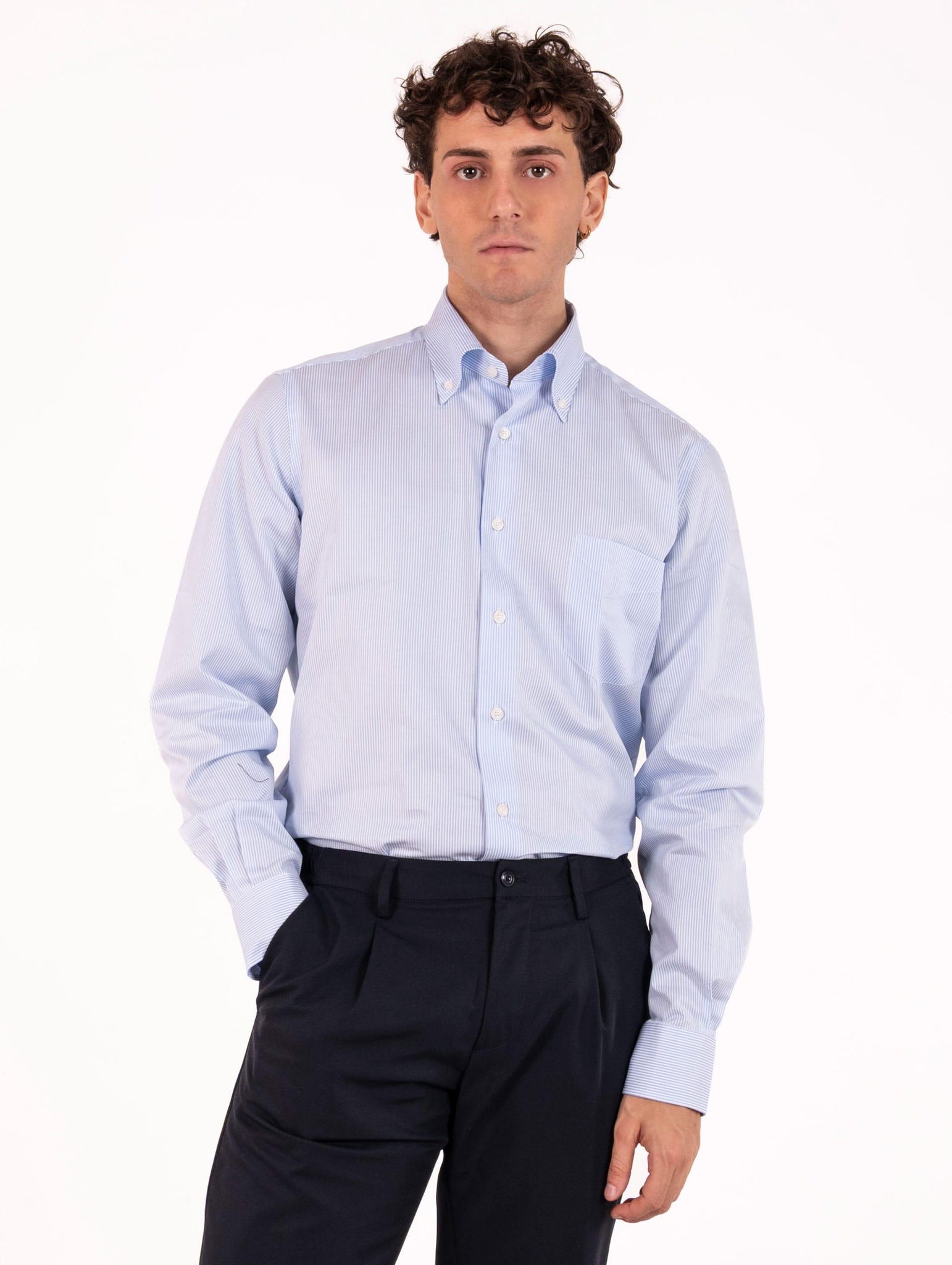 Camicia Regular Orian Botton Down in Cotone a Micro Righe Bianca e Azzurra N35702UP3120 Orian