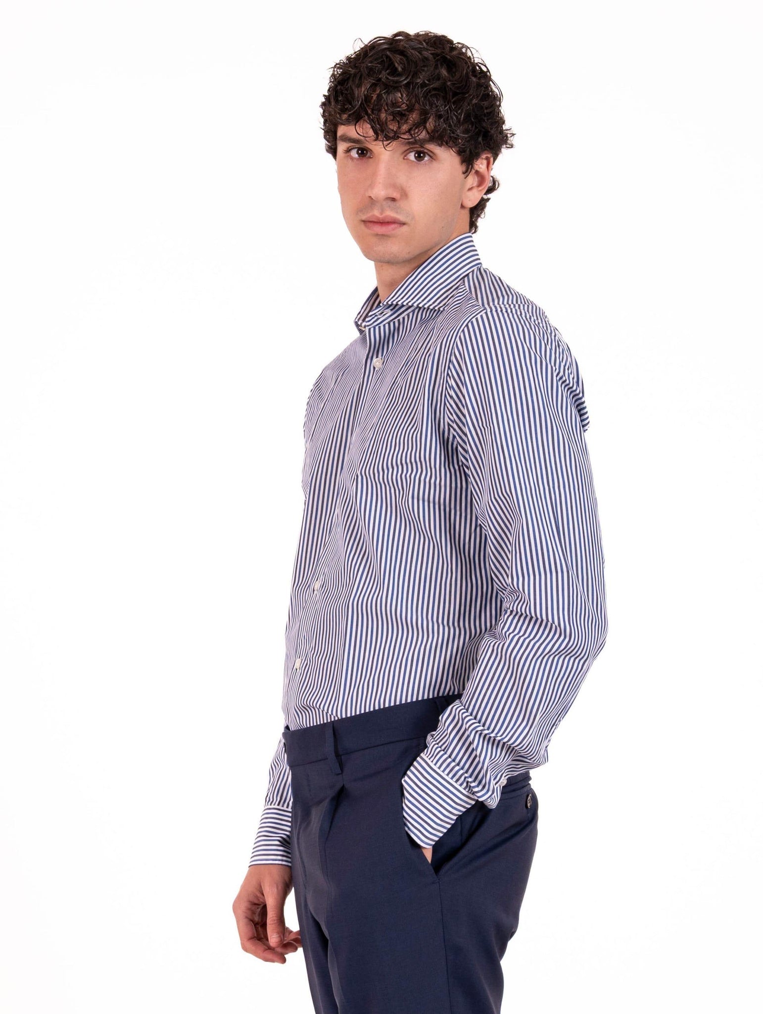 Camicia Borriello Napoli in Cotone a Righe Bianca, Blu e Navy 5362PLATINO5 Borriello Napoli
