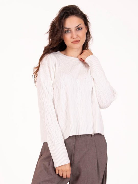 Pull Girocollo White Wise in Misto Viscosa Trecce Bianco