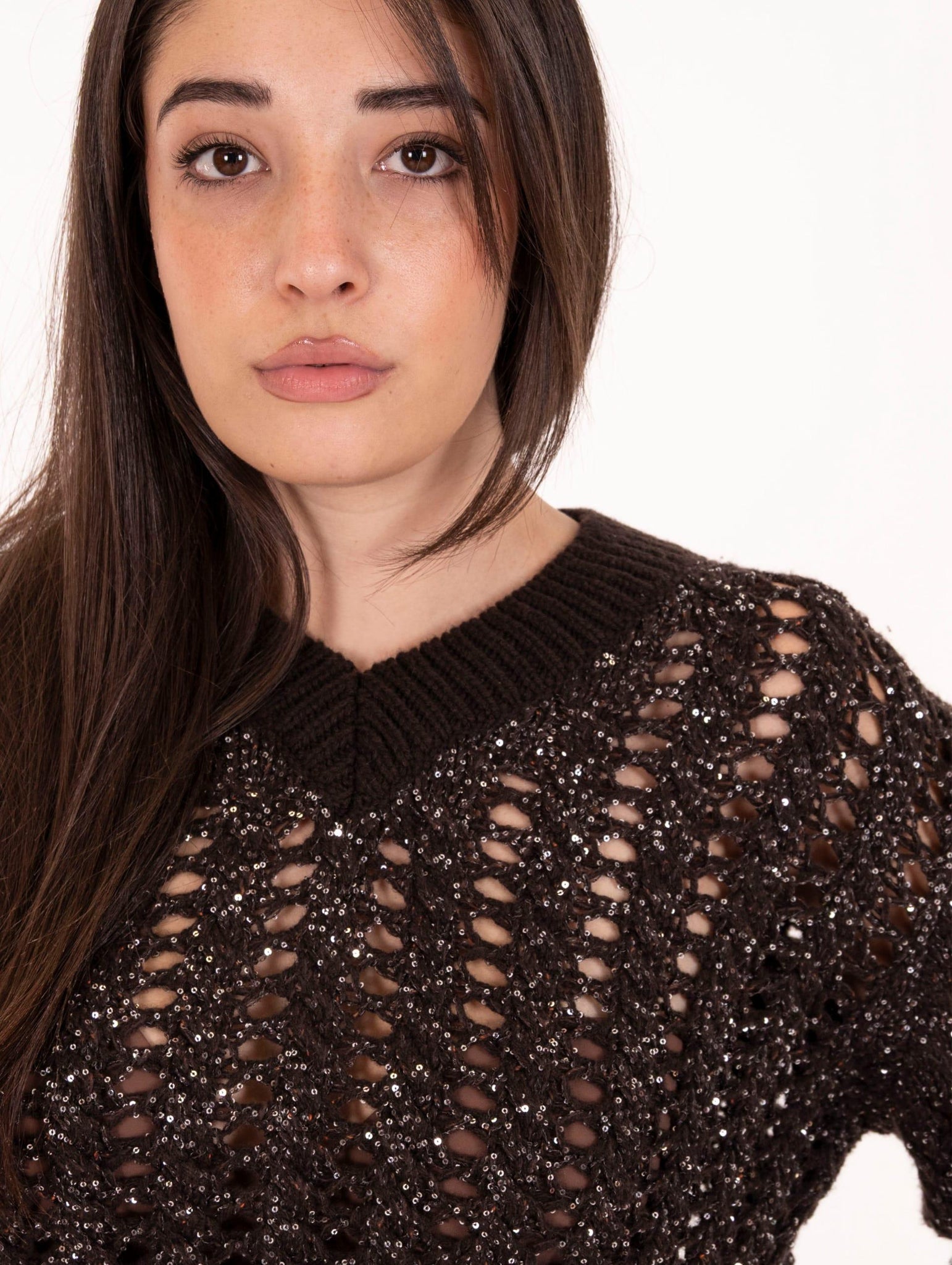 Pull Trecce D.Exterior con Cristalli in Lana, Cachemire e Seta Caffè 6118620WEN D.EXTERIOR