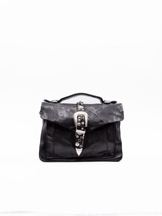 Borsa Porzia Campomaggi con Borchie e Strass in Pelle Nera