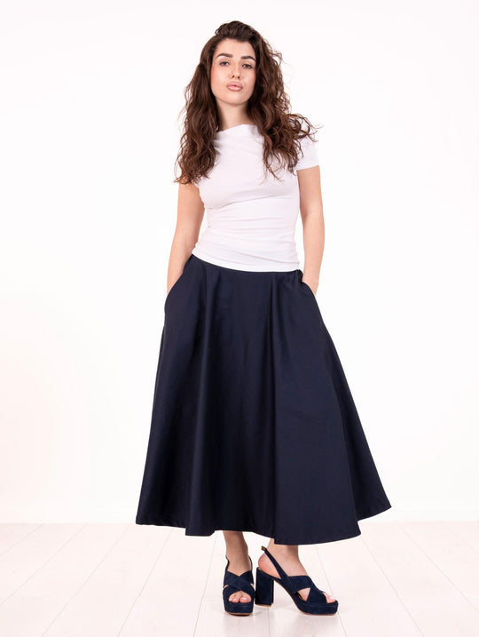 White Sand Flared Skirt in Blue Stretch Cotton