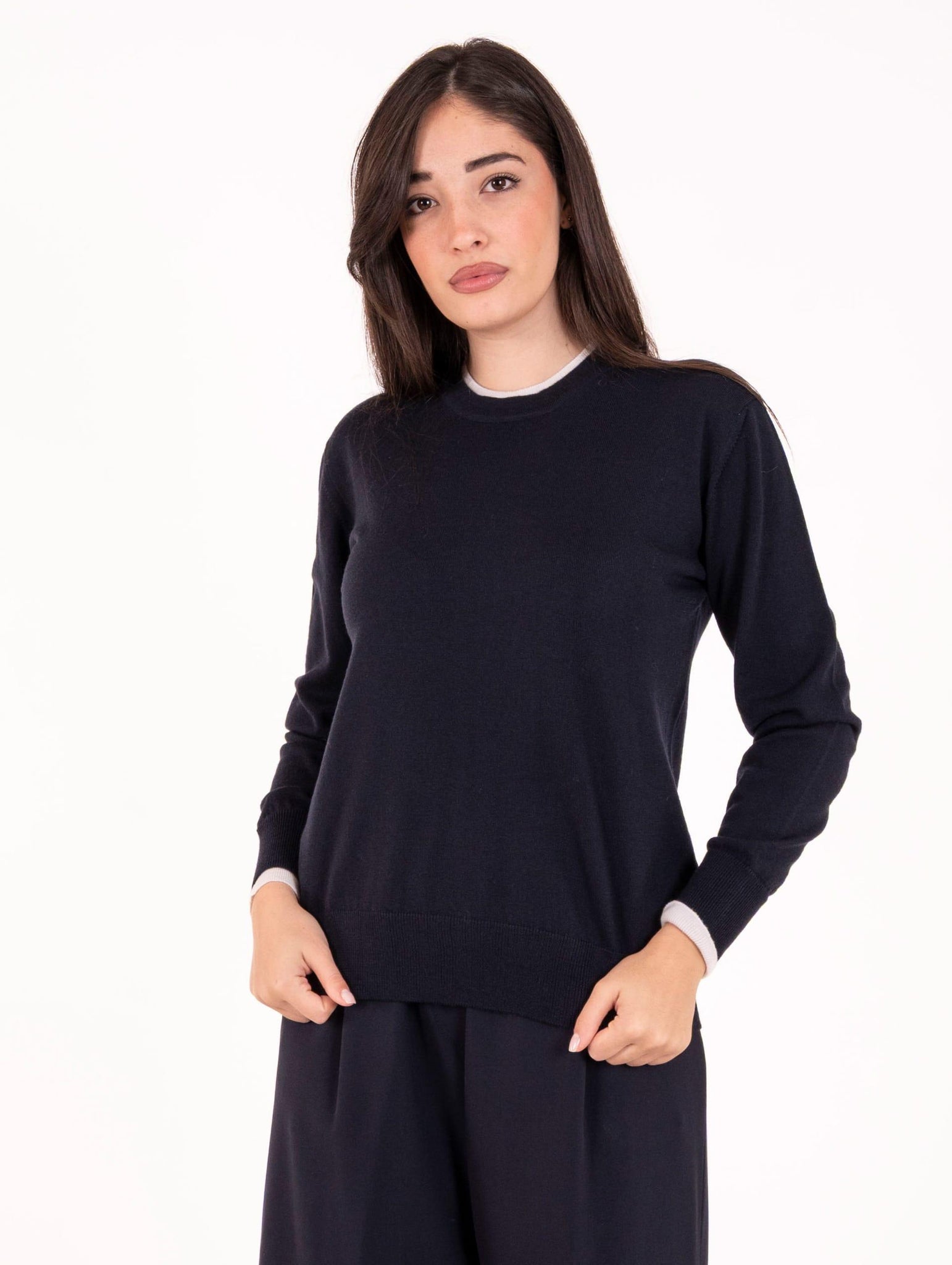 Maglia Bicolor Alpha Studio in Pura Lana Blu Notte e Bianco AD-4011C2001 Alpha Studio