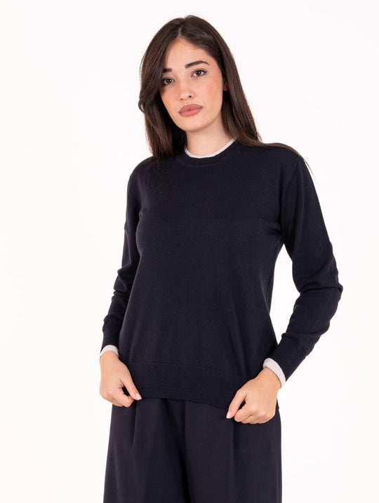 Maglia Bicolor Alpha Studio in Pura Lana Blu Notte e Bianco