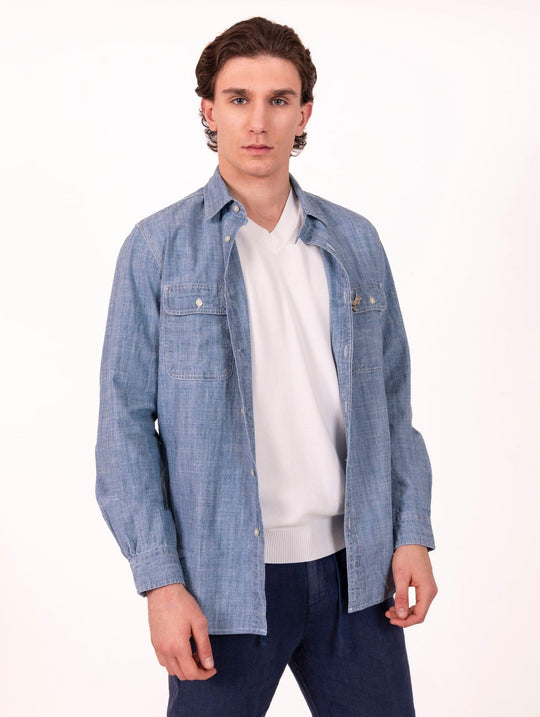 Camicia Jeans Chambray Roy Roger's in Cotone e Lino Denim Chiaro