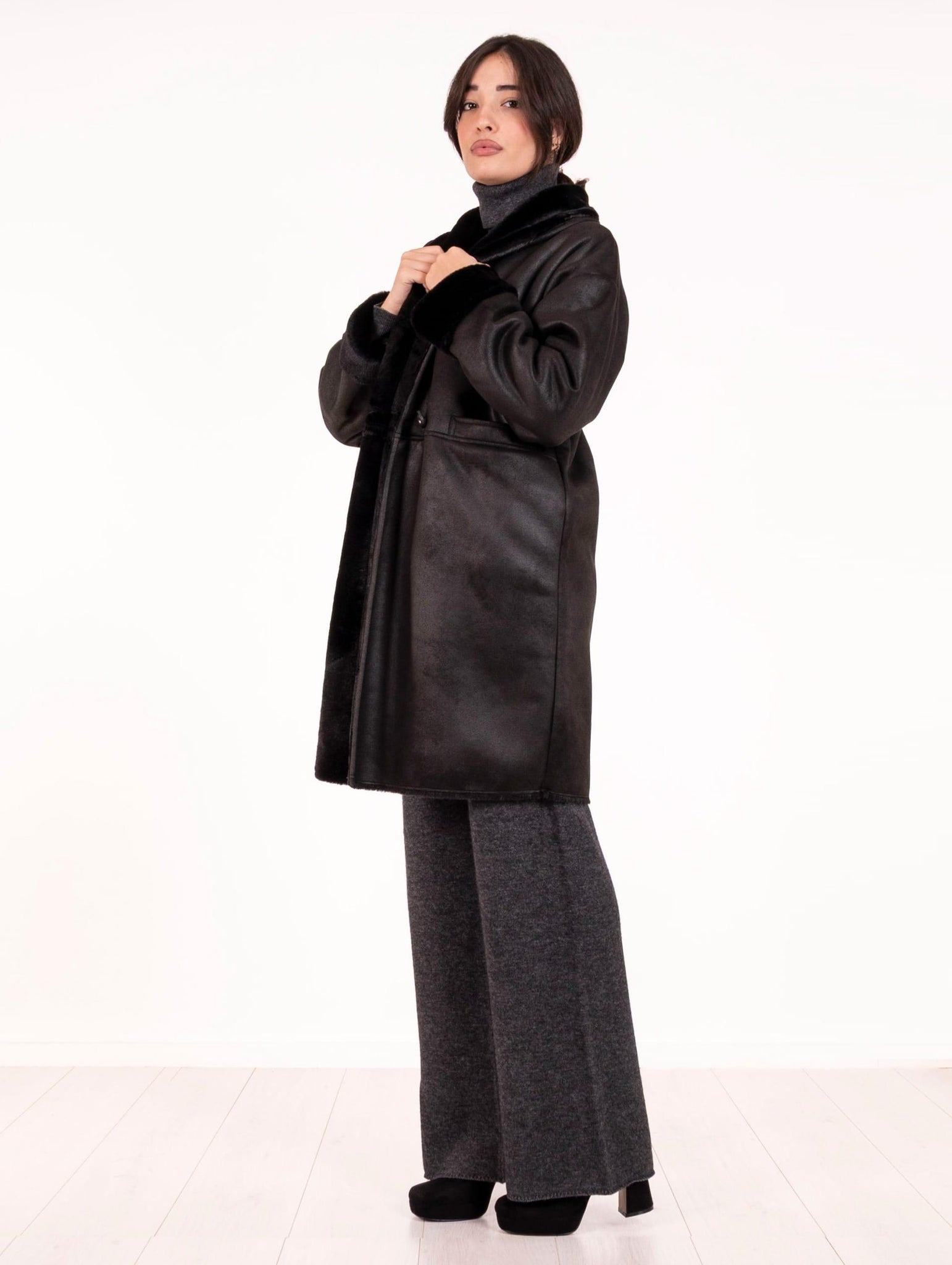 Cappotto Doppiopetto Eco Montone Leon e Loulou Nero L368CAMO00024 Leon & Loulou