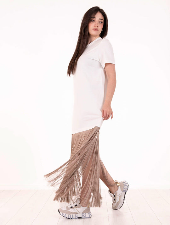 Abito T Alysi con Frange in Puro Cotone Bianco