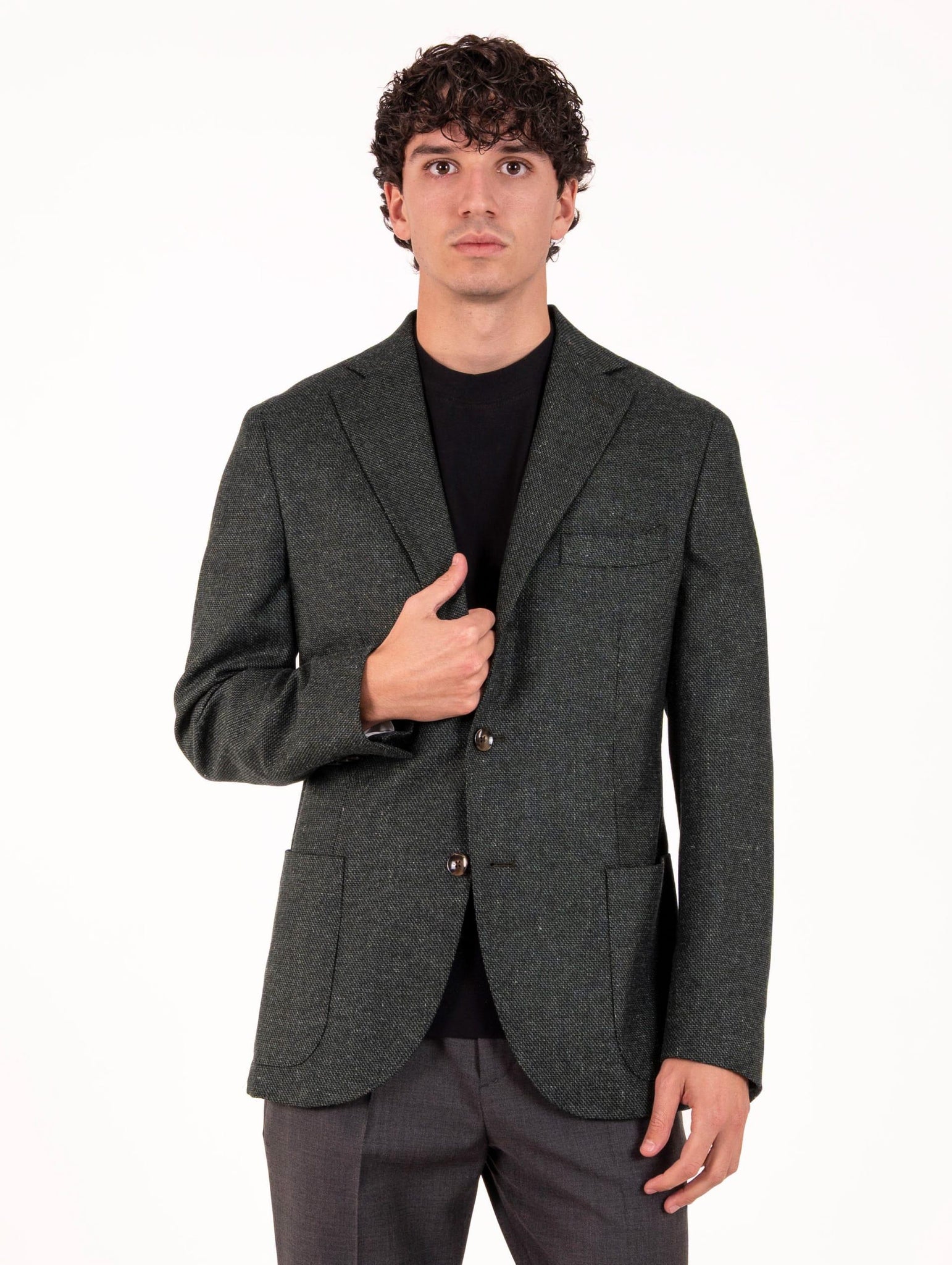 Giacca Sartoriale Four Stroke in Lana Vergine, Seta e Lino Canestro Verde e Nero PRAGA2/13137034 Four Stroke