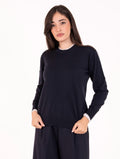 Bicolor Pullover Alpha Studio aus reiner Wolle in Nachtblau und Weiß