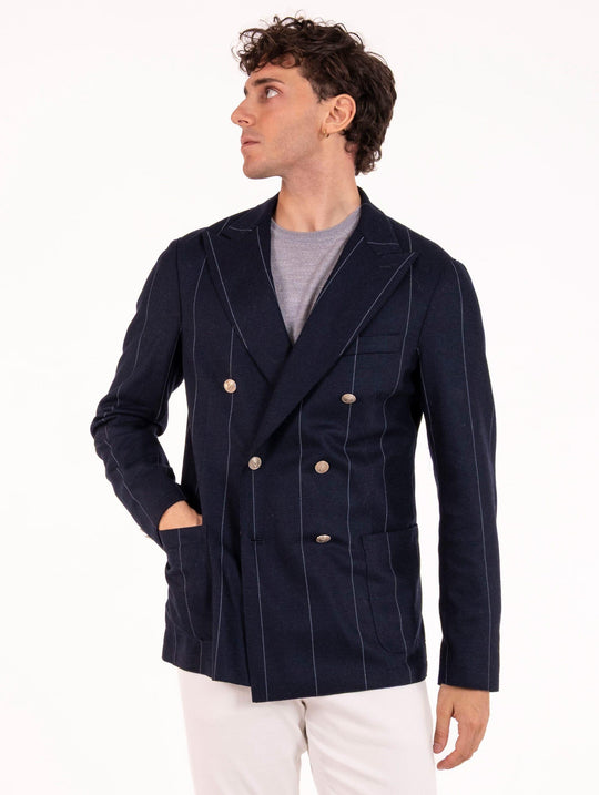 Eleventy Milano Double-Breasted Jacket in Blue and Light Blue Striped Wool Jersey