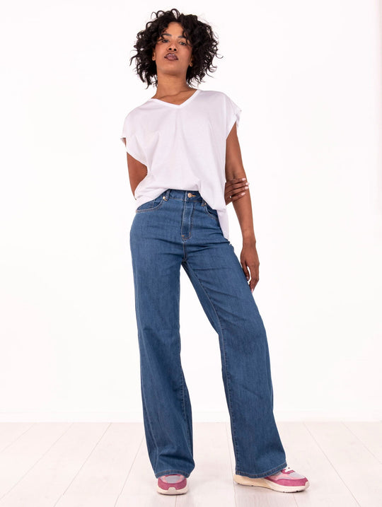 Jeans Wide Leg White Wise Denim Medio