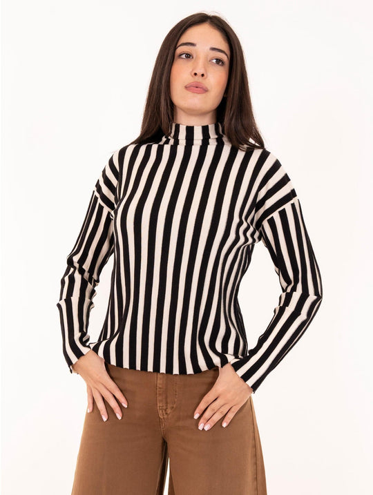 White Wise Ribbed Sweater in Viscose White and Black Stripes