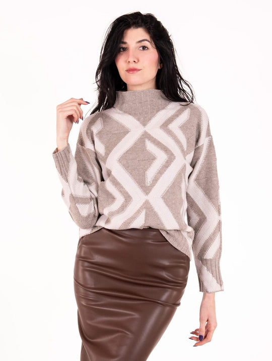 Maglia Alpha Studio Intarsio in Lana e Cachemire Naturale e Bianco