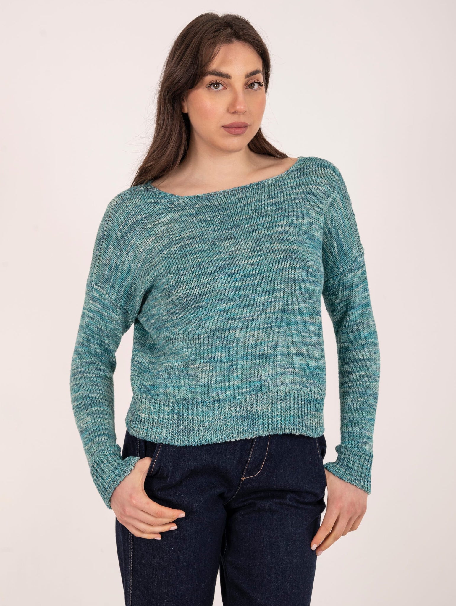 Maglia Base in Cotone e Lino Turchese Melange