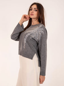 Maglia Brand Unique con Palma Strass in Lana e Cashmere Grigio