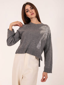 Maglia Brand Unique con Palma Strass in Lana e Cashmere Grigio