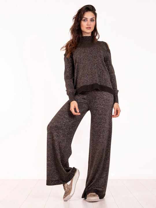 Maglia D-Exterior con Spalle Scoperte in Lana e Viscosa Lurex Caffè