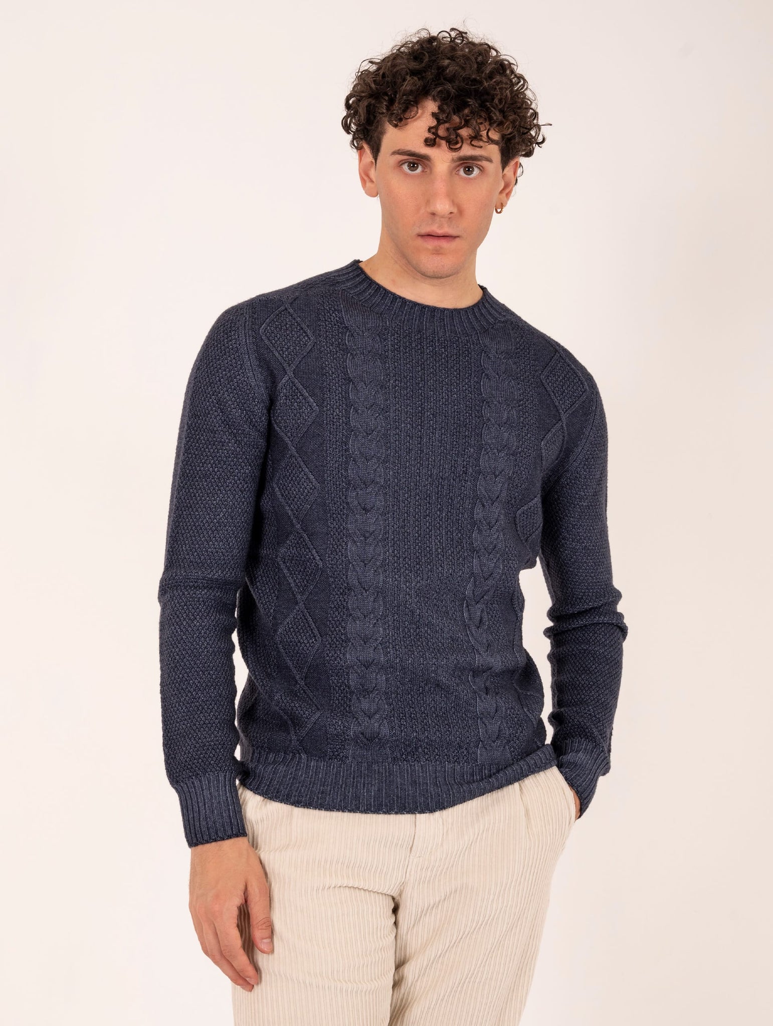 Maglia Girocollo Fisherman H953 in Lana Merinos Extrafine Navy