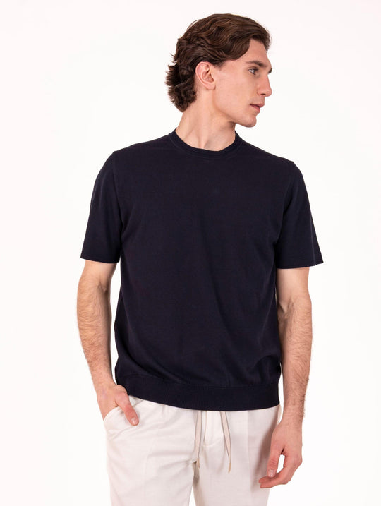Kurzarmshirt Alpha Studio aus Baumwoll-Crêpe Mitternachtsblau