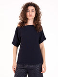 Alpha Studio Long Sleeve Boat Neck Sweater in Night Blue Cotton