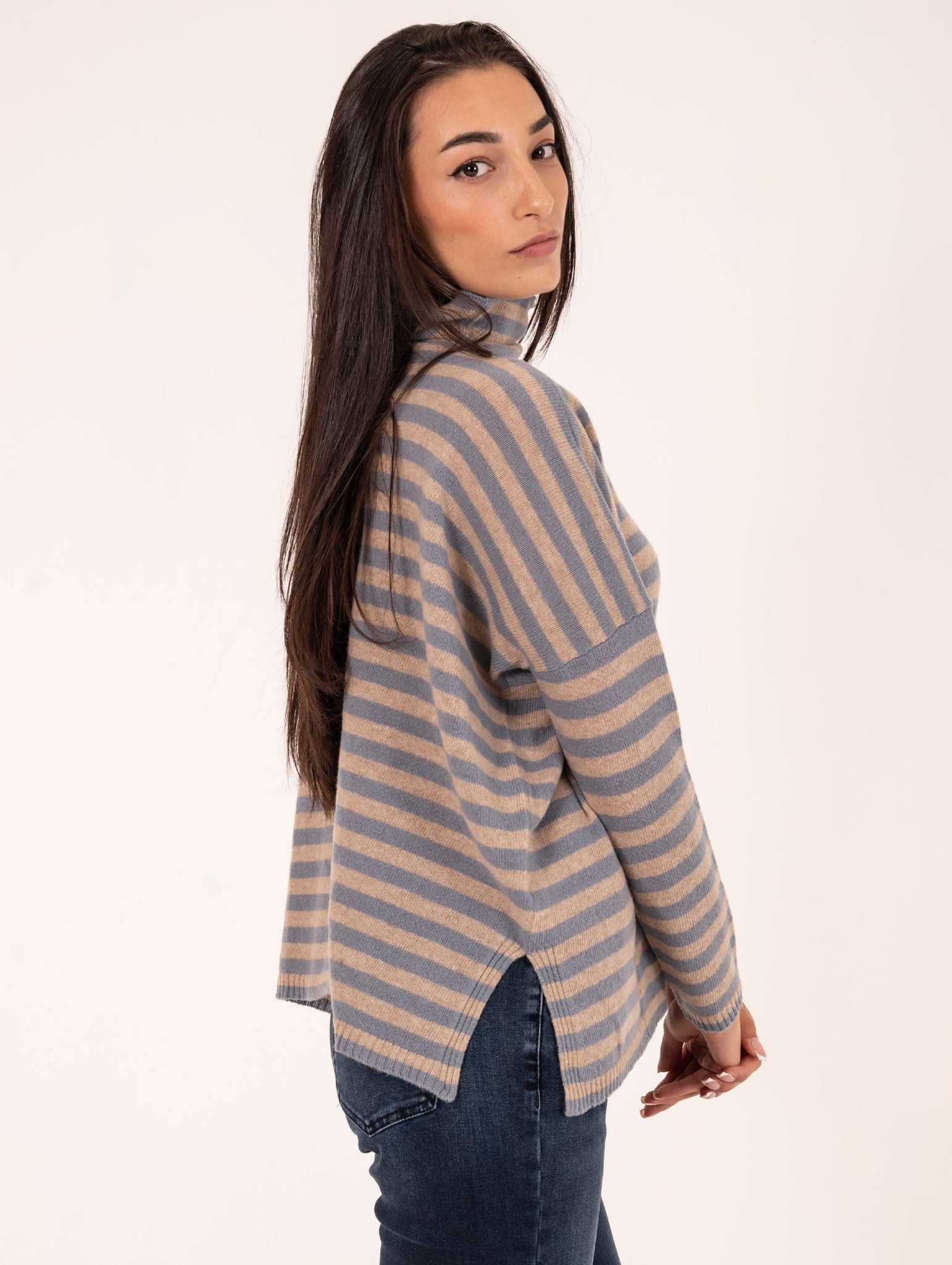 Maglia Righe Base in Lana Merino Extrafine Grigia e Beige