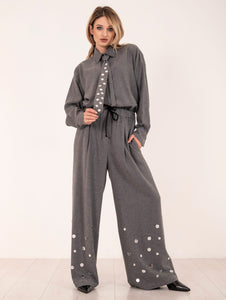 Pantalone Alysi con Maxi Paillettes in Flanella Leggera Grigia