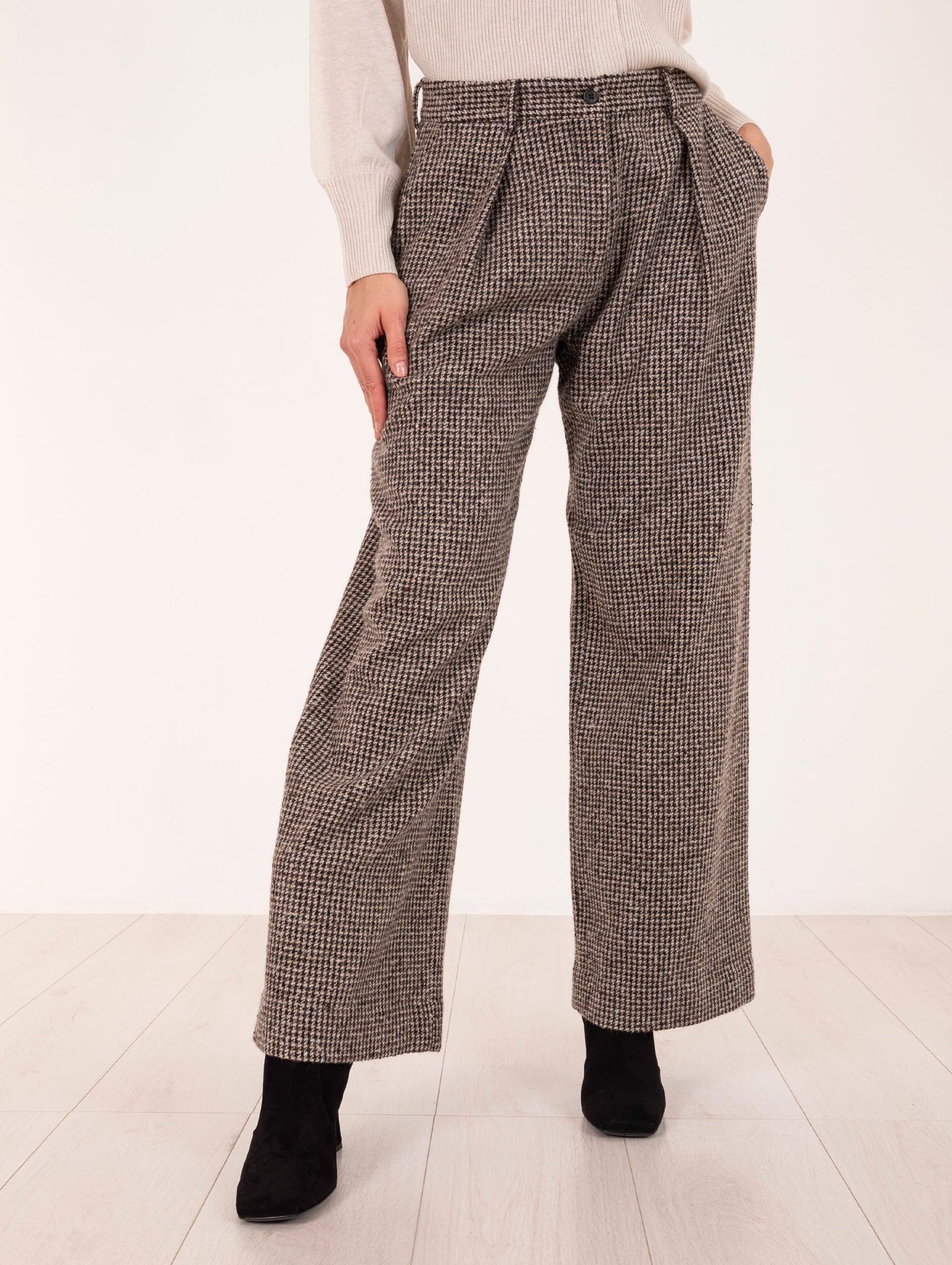 Pantalone Antonelli Firenze in Lana e Alpaca Pied de Poule Marrone, Nero e Beige