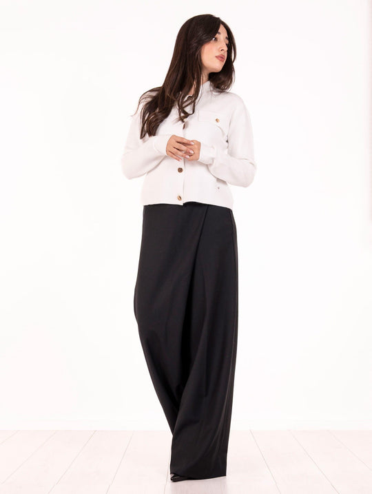 Pantalone Asimmetrico White Sand in Tela di Lana Stretch Nero