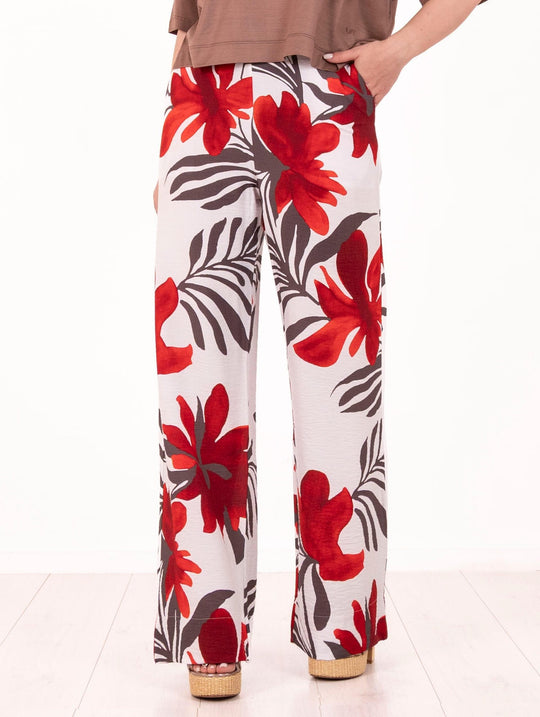 Pantalone Daniele Fiesoli in Viscosa Flower Bianco, Fango e Rosso
