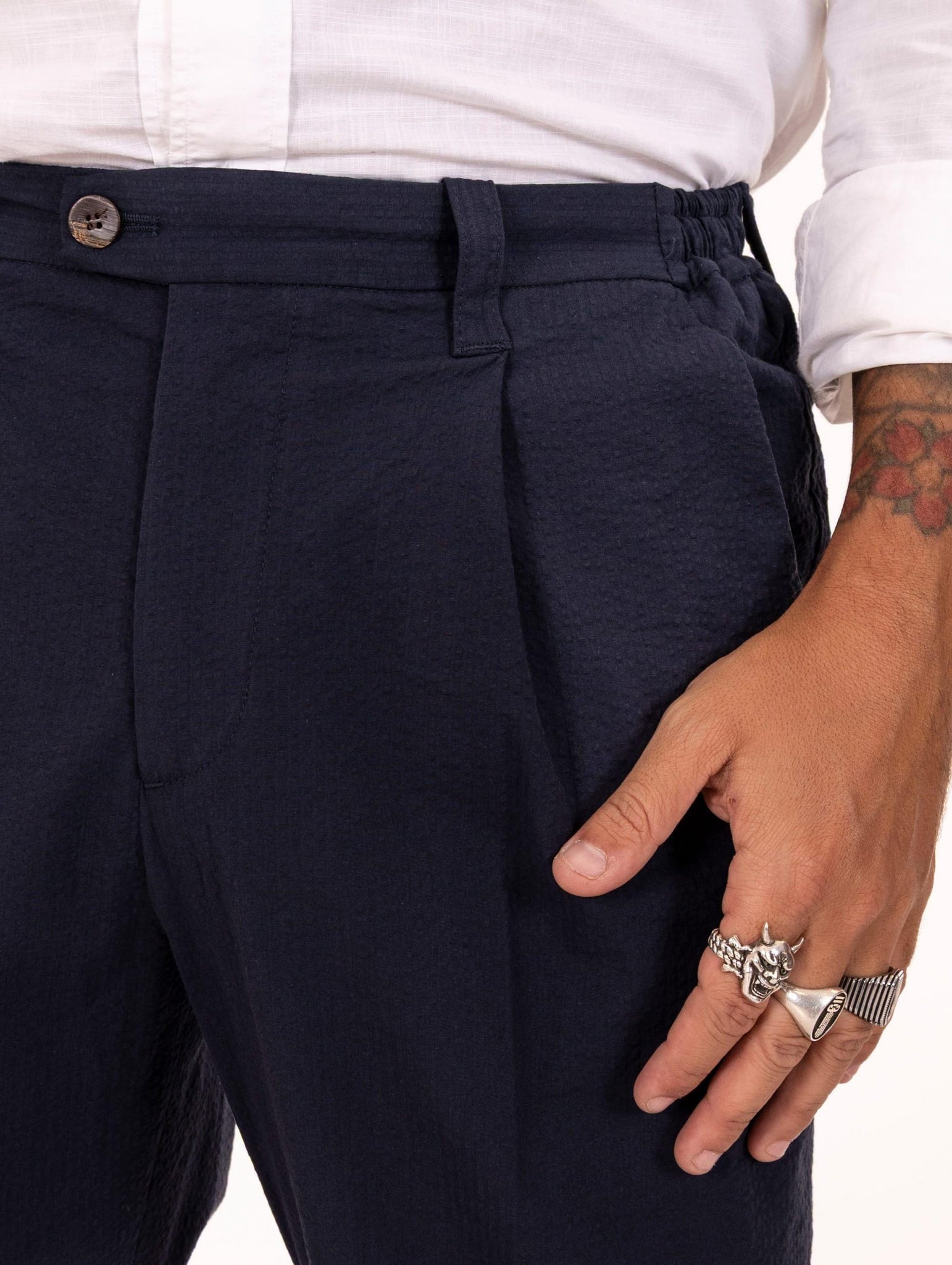 Pantalone Devore in Cotone Goffrato Blu