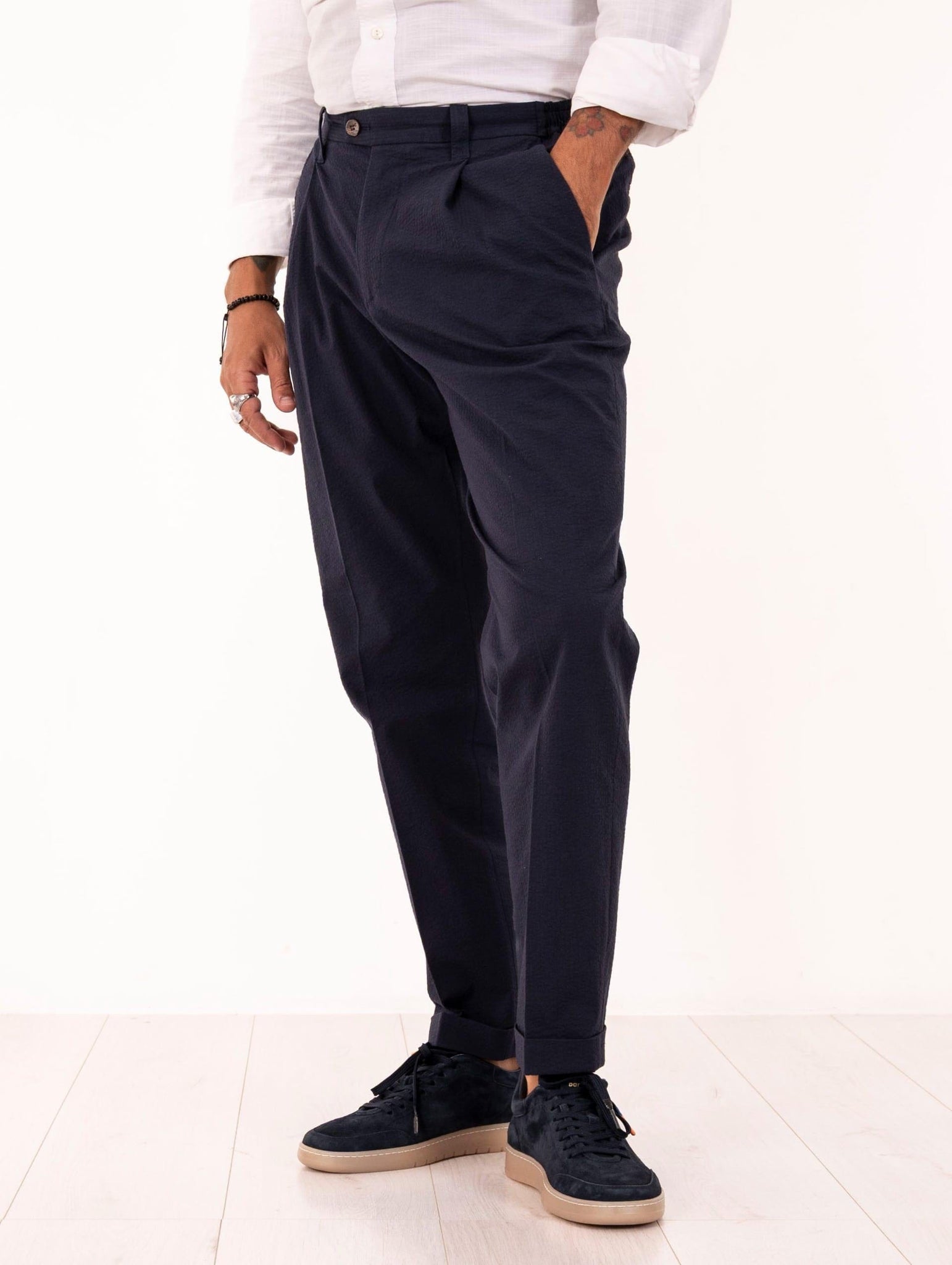 Pantalone Devore in Cotone Goffrato Blu