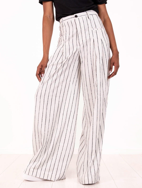 Pantalone Gessato White Sand in Viscosa Bianco e Nero