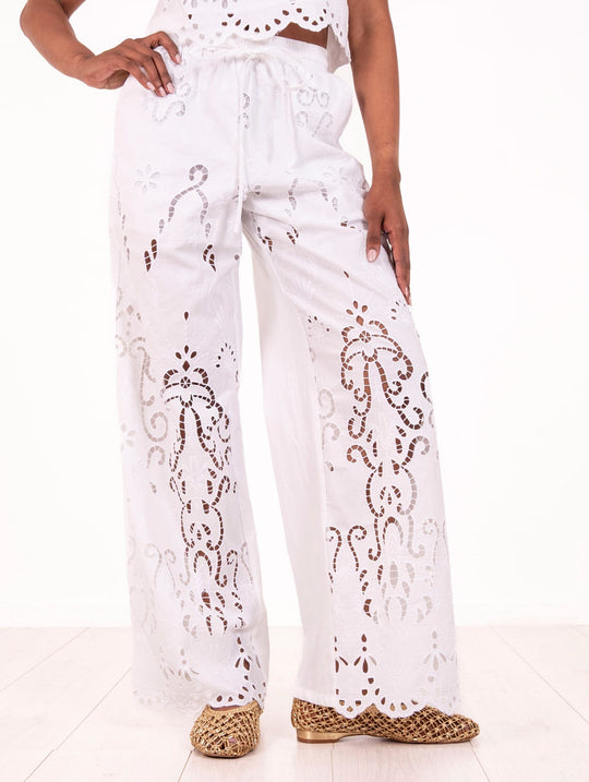Pantalone Ricamo No Secrets in Cotone Bianco