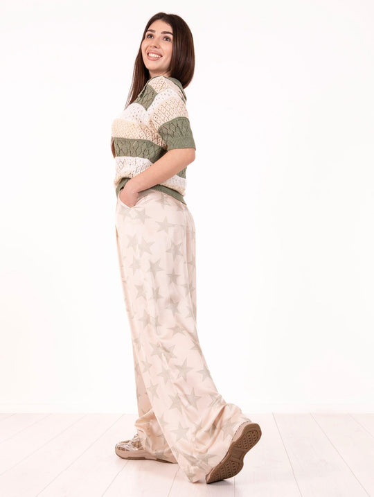 Pantalone Stelle Bye Firenze in Viscosa Ecrù e Verde