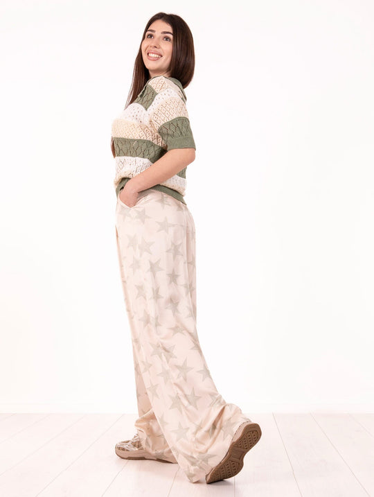 Bye Firenze Star Trousers in Ecru and Green Viscose