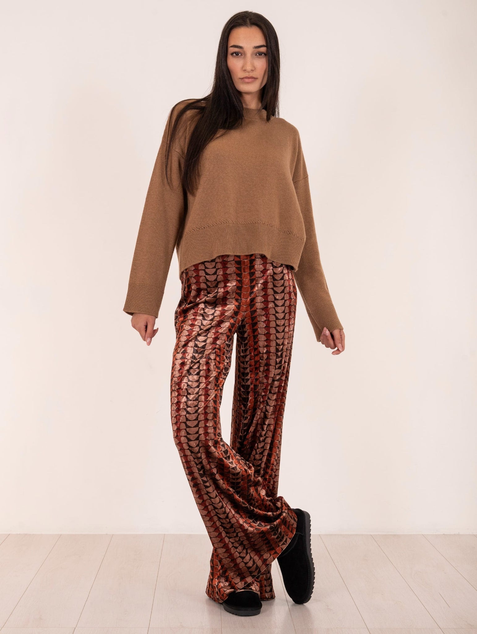 Pantalone Via Masini Velluto Geometric Cacao e Nocciola