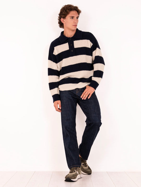 Polo Roberto Collina in Lana a Righe Navy e Ecru