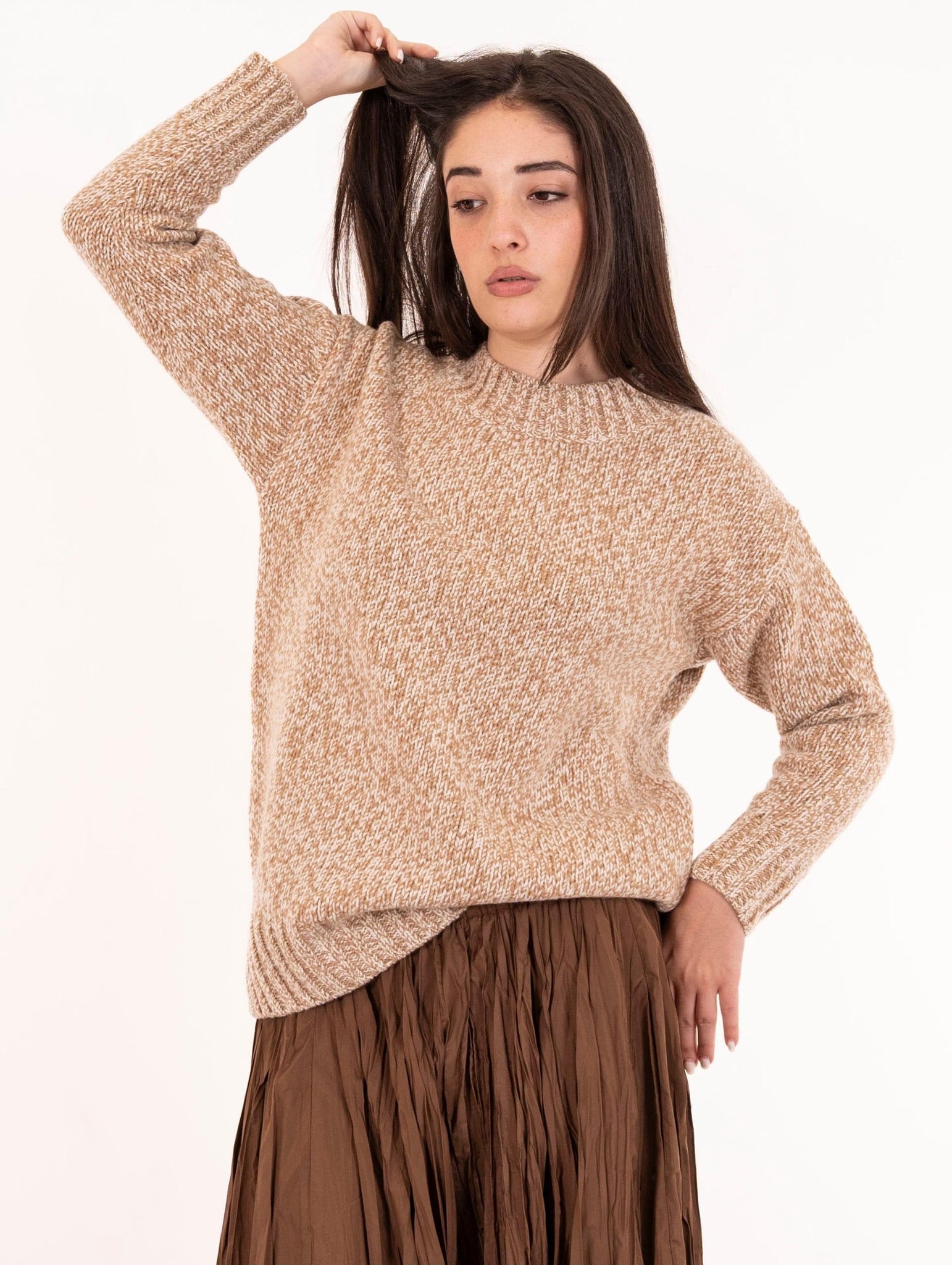 Pull Alpha Studio in Pura Lana Melange Bianco e Cammello