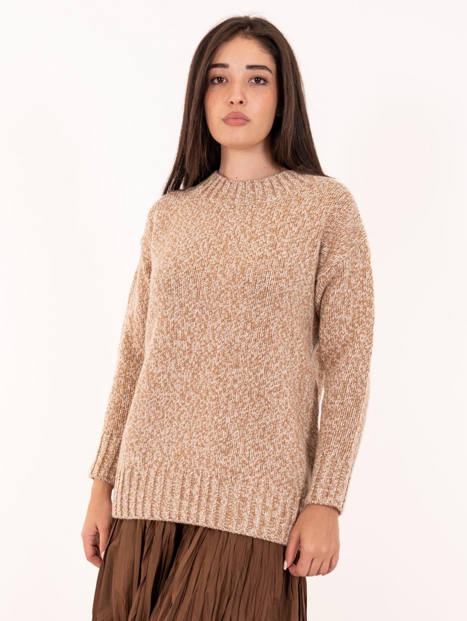 Pull Alpha Studio in Pura Lana Melange Bianco e Cammello