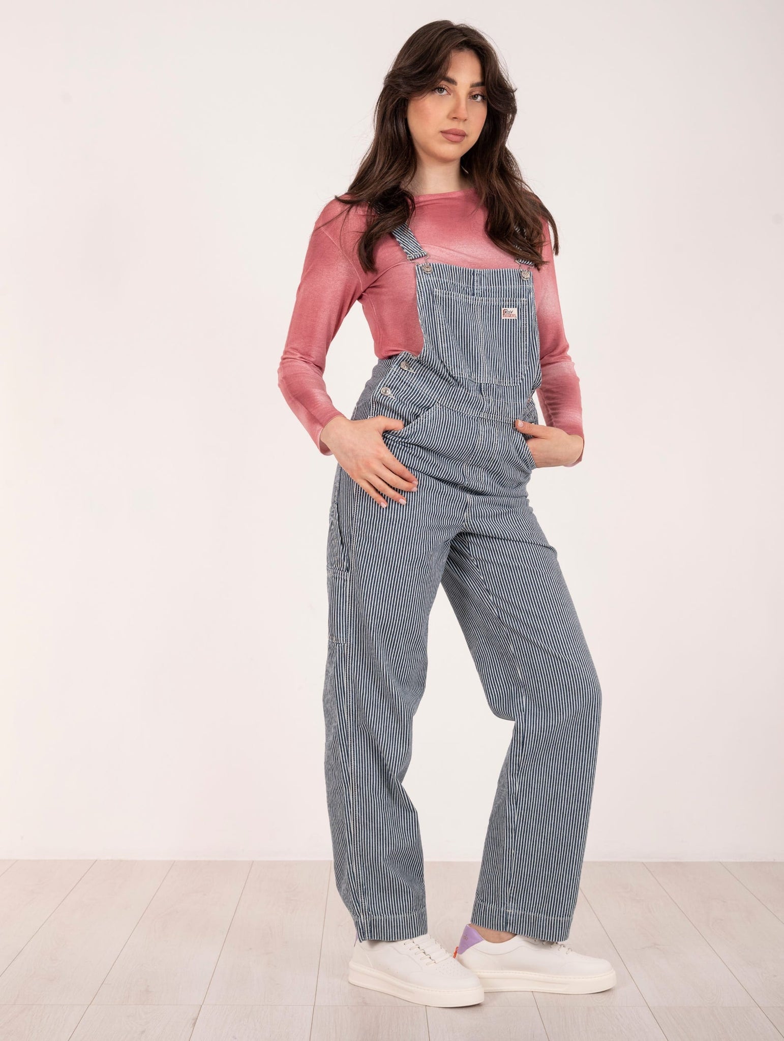 Salopette Jeans Roy Roger's in Cotone Gessato Bianca e Blu